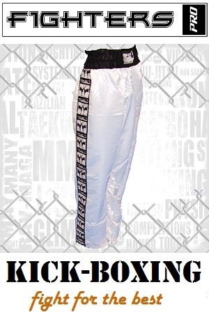FIGHT-FIT - Pantaloni da Kickboxing / Raso / Bianco / Small