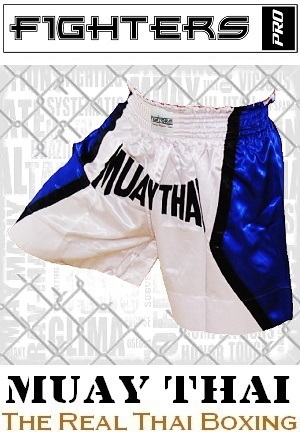 FIGHTERS - Shorts de Muay Thai / Blanc-Bleu / XXL
