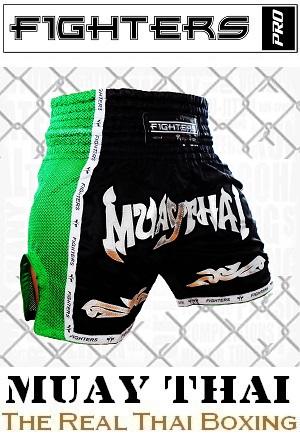 FIGHTERS - Pantalones Muay Thai / Elite Muay Thai / Negro-Verde / Medium
