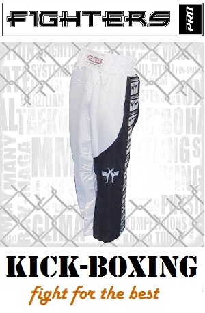 FIGHTERS - Pantalones de Kickboxing / Satín / Blanco-Negro / XS